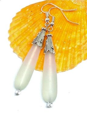 White Frosted Sea Glass Long Teardrop Silver Bali Style Cap Dangle Earrings 2.5”